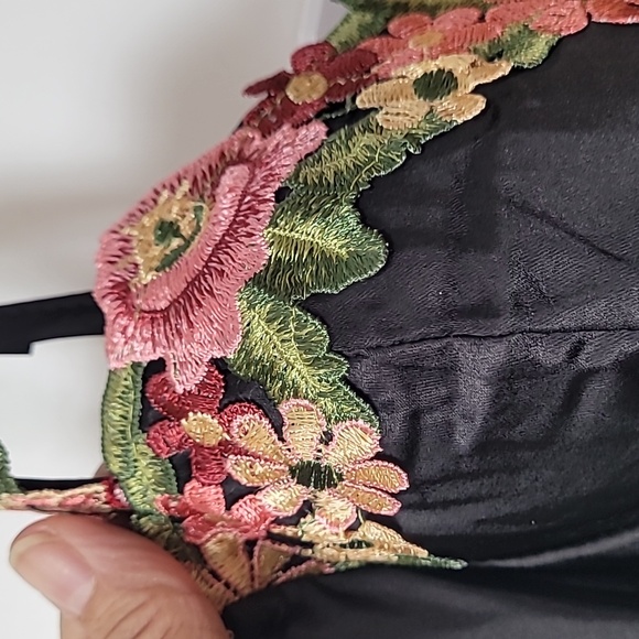 Dress ~ Black Satin Maxi Dress with Floral Detail Cup/Bust Sweetheart neck-line - Picture 15 of 15